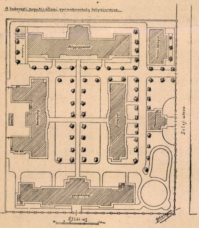 A Menhely helyszínrajza (forrás: Építő Ipar 33. évf. 1. sz. 3. o. 1909. január 3.)